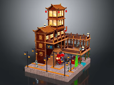 Traditional Chinese Ancient Architecture With Curved Eaves Red Lanterns Wooden Plaque And Stone Steps 3d model