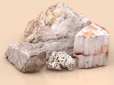 Natural Textured Stone Blocks And Wood Pieces In Collection 3d model