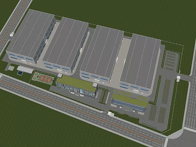 Aerial View Of Modern Industrial Park With Aligned Factory Buildings Green Areas And Roads 3d model