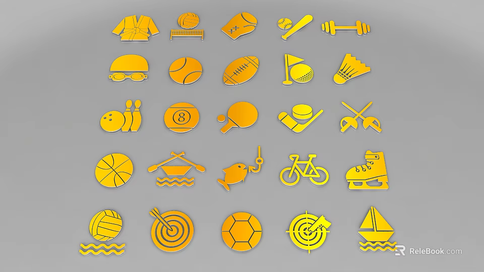 Set Of Yellow Sport Icons Including Various Sports Equipment And Activities 3d model 