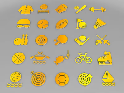 Set Of Yellow Sport Icons Including Various Sports Equipment And Activities 3d model
