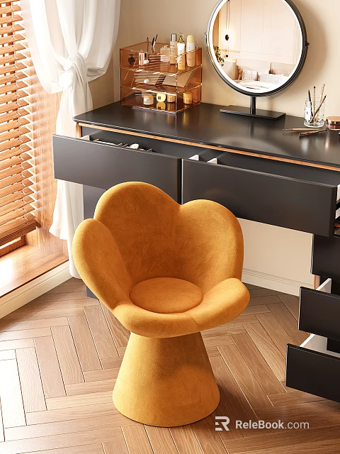 Yellow Flower Shaped Sofa Stool In Modern Interior With Black Drawer Cabinet And Wooden Floor 3d model 