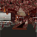 Elegant Event Stage With Floral Decorations Chandeliers Screens And Table Settings