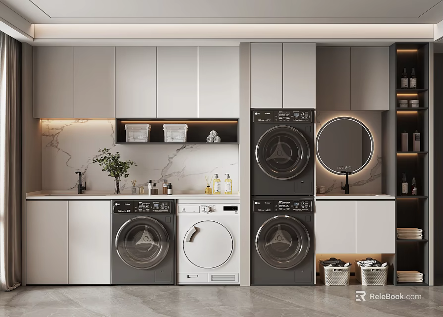 Modern Bathroom Cabinet Rack With White Cabinets Marble Countertop Washing Machine Dryer And Storage Baskets 3d model 