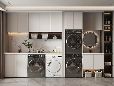 Modern Bathroom Cabinet Rack With White Cabinets Marble Countertop Washing Machine Dryer And Storage Baskets 3d model
