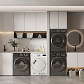 Modern Bathroom Cabinet Rack With White Cabinets Marble Countertop Washing Machine Dryer And Storage Baskets
