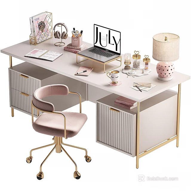 Elegant Modern Pink Gold Desk Chair Set with White Tabletop and Storage for Home Office 3d model 