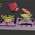 Stainless Steel Double Burner Gas Stove with Golden Pots and Open Lid
