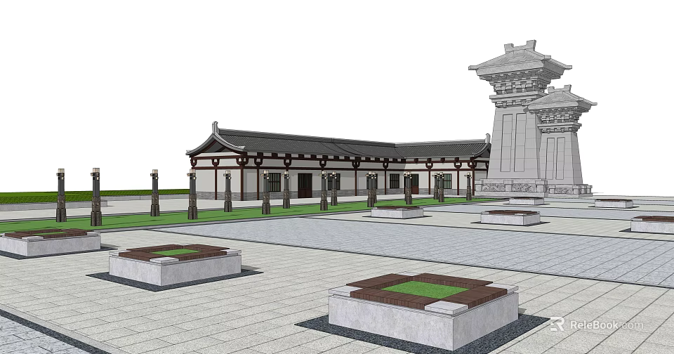 Ancient Chinese Courtyard with Archway Stone Pavement and Pavilion Structures 3d model