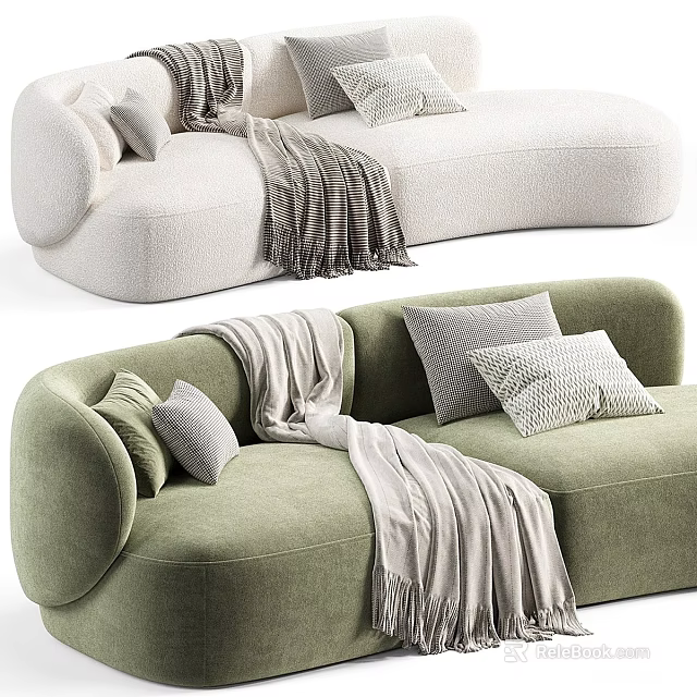 Cozy White And Green Sectional Sofas With Decorative Pillows And Soft Blankets In Modern Design 3d model 