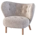 Beige Plush Single Sofa with Tufted Design Curved Armrests and Matching Ottoman Wooden Legs