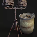 Vintage Industrial Decorative Lamp With Tripod Stand Double Lampshades And Green Barrel Base