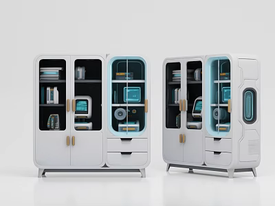 Modern White Storage Lockers With Glass Doors Drawers For Books And Decorative Items 3d model