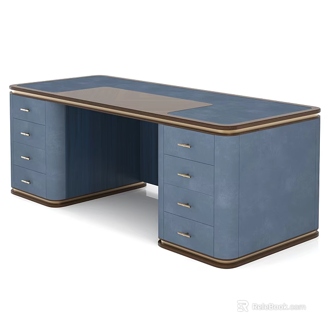 Blue Leather Top And Wooden Frame Office Desk With Multiple Drawers 3d model 