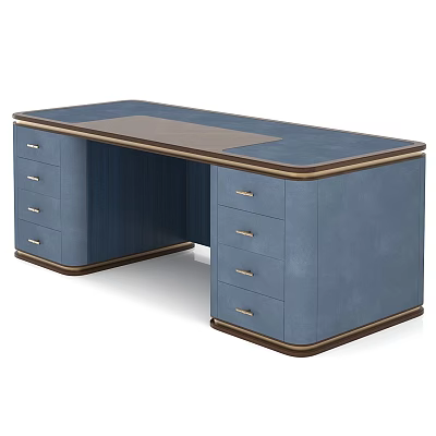 Blue Leather Top And Wooden Frame Office Desk With Multiple Drawers 3d model