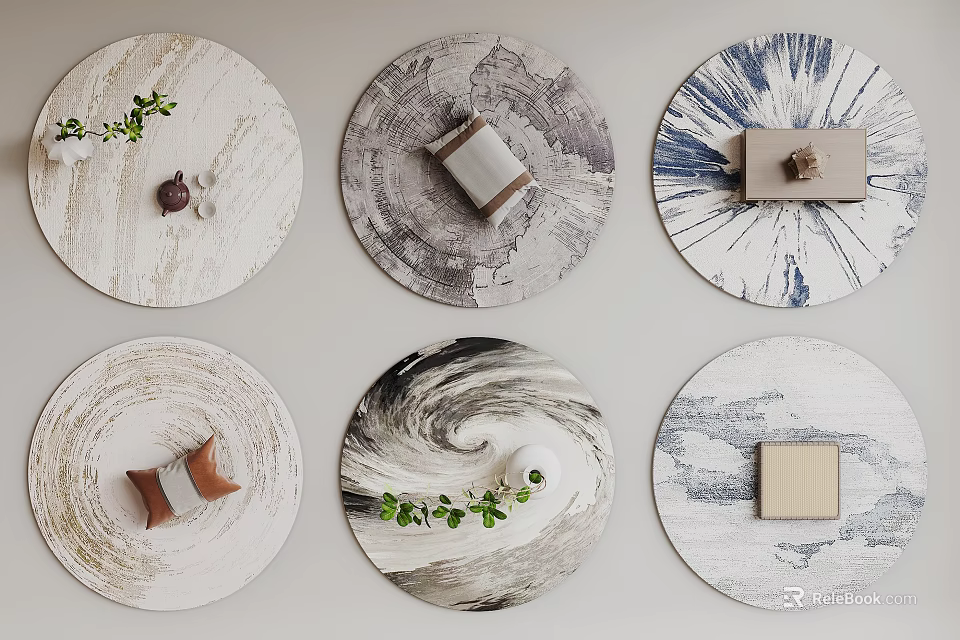 Modern Round Carpet Collection With Abstract Patterns Green Plants And Decor Items 3d model 