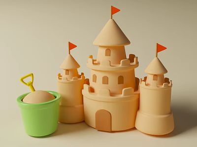 Sand Castle Sculpture Featuring Towers Red Flags Green Sand Bucket With Yellow Handle And Sand 3d model