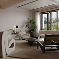 Modern Living Room Interior Design With White Sofas Black Chairs Round Rug And Green Plants