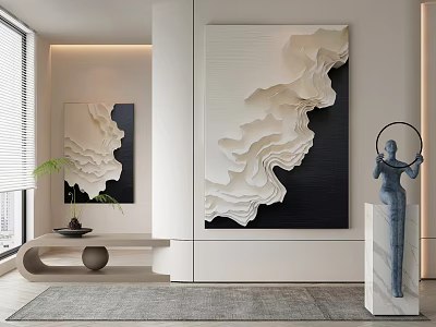 Modern Interior With Large 3D Relief Painting Sculpture And Console Table 3d model