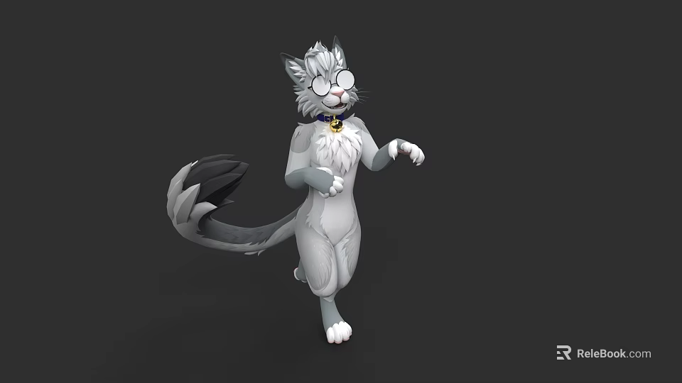 3D Cartoon Cat Character With Gray White Fur Glasses And Bell Collar Walking Pose 3d model 