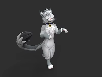 3D Cartoon Cat Character With Gray White Fur Glasses And Bell Collar Walking Pose 3d model