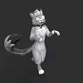 3D Cartoon Cat Character With Gray White Fur Glasses And Bell Collar Walking Pose