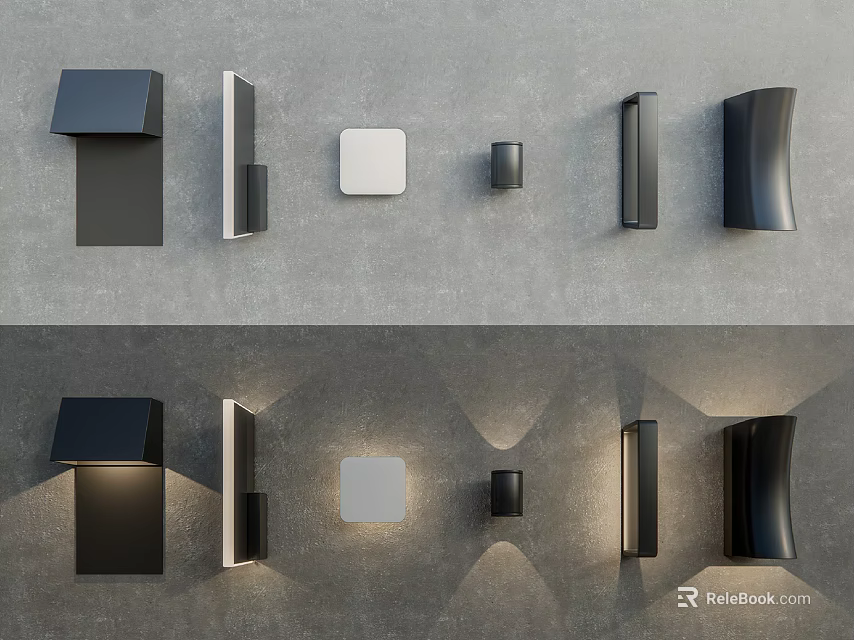Modern Wall Lamps With Various Designs Displayed On Gray Wall Background 3d model
