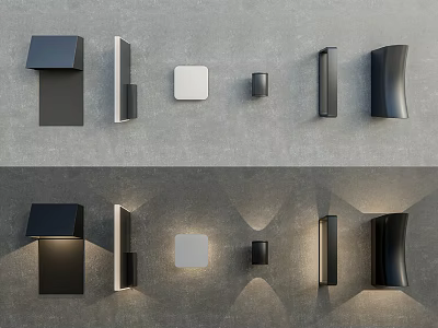 Modern Wall Lamps With Various Designs Displayed On Gray Wall Background 3d model