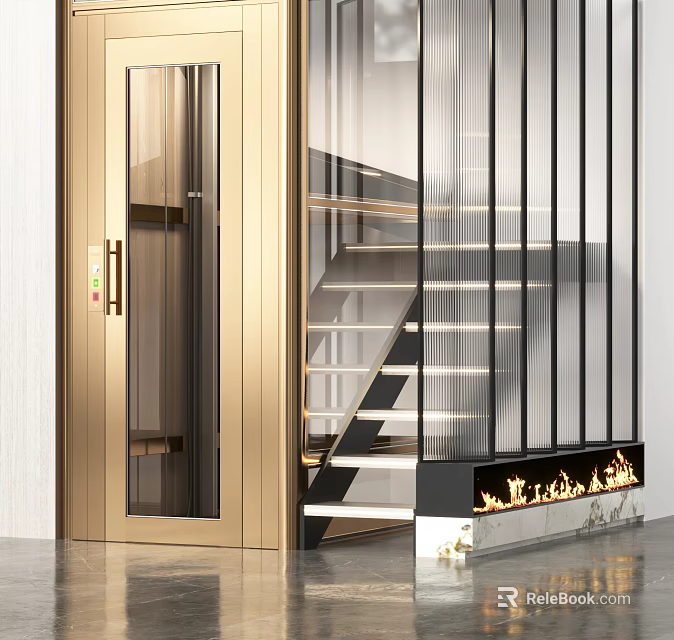 Modern Elevator With Glass Door And Metal Frame Near Staircase Interior Design 3d model 