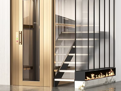 Modern Elevator With Glass Door And Metal Frame Near Staircase Interior Design 3d model