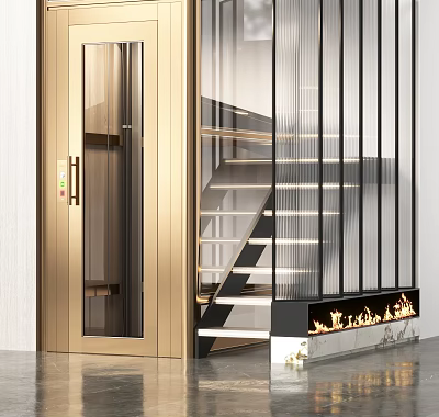 Modern Elevator With Glass Door And Metal Frame Near Staircase Interior Design 3d model