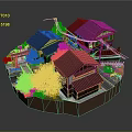 Cartoon Scene Of Traditional Japanese Village With Wooden Houses Black Roofs And Green Trees