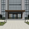 Modern Commercial Building Main Entrance With Glass Doors Brown Awning Tiled Pavement And Glass Windows