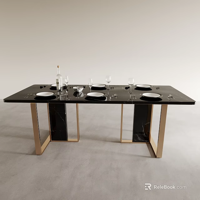 Modern Black Dining Table With Gold Legs Set Plates Wine Glasses Bottle 3d model 