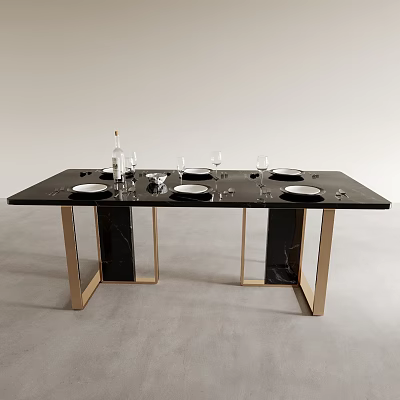 Modern Black Dining Table With Gold Legs Set Plates Wine Glasses Bottle 3d model