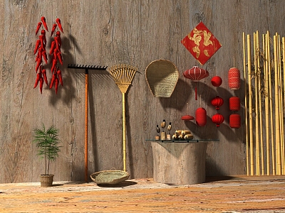 Chinese Farming Tools Supplies Folk Farming Tools Lantern Homestay Folk Farming House Coir Clothes Rama Bamboo Pole Pepper Fish Basket Hoe Straw Hat Woven Basket Windmill Trolley Farming Tools 3d model