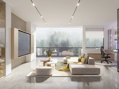 Modern Living and Dining Room with Floor to Ceiling Windows Sofa Coffee Table and Desk 3d model