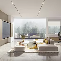 Modern Living and Dining Room with Floor to Ceiling Windows Sofa Coffee Table and Desk