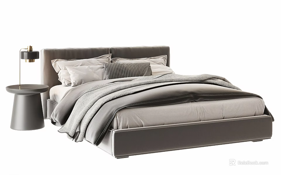 Modern Double Bed With Velvet Frame Plush Pillows Layered Bedding And Round Nightstand Bedside Lamp 3d model 