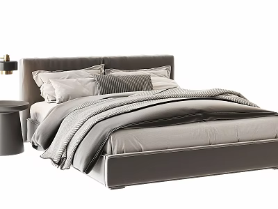 Modern Double Bed With Velvet Frame Plush Pillows Layered Bedding And Round Nightstand Bedside Lamp 3d model