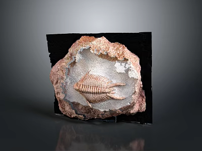 Fossil Sculpture Embedded in Red Brown Rock with Marine Creature Skeleton on Black Display Stand 3d model