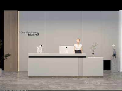 Modern Front Desk Reception Area With Female Staff White Countertop And Decorative Plants 3d model