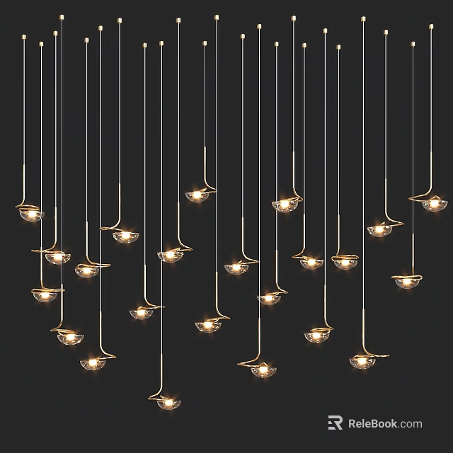 Multiple Illuminated Bowl Shaped Pendant Lights With Slender Metal Wires Hanging On Black Background 3d model 