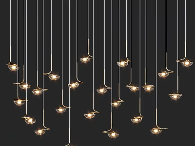 Multiple Illuminated Bowl Shaped Pendant Lights With Slender Metal Wires Hanging On Black Background 3d model