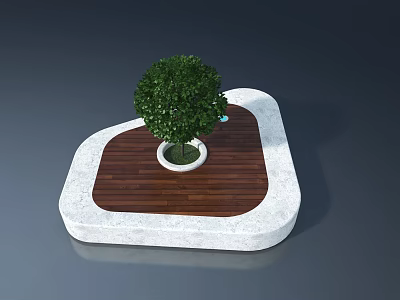 Wooden Swing Door with White Frame and Green Shrub on Outdoor Platform 3d model