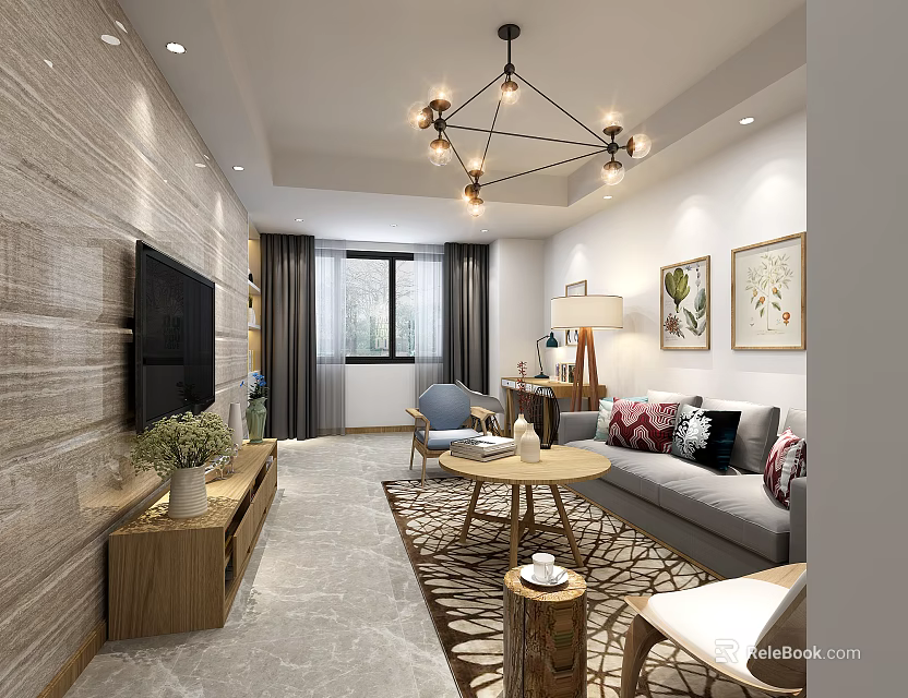 Modern Living Room Interior With TV Wall Wooden Stand Gray Sofa And Decorative Paintings 3d model 