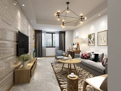 Modern Living Room Interior With TV Wall Wooden Stand Gray Sofa And Decorative Paintings 3d model