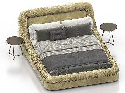 Double Bed with Beige Textured Frame Gray White Bedding and Wooden Side Tables 3d model