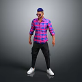 Male Character In Pink Plaid Shirt Black Pants With Purple Headscarf Sunglasses And Gray Background