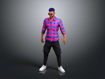 Male Character In Pink Plaid Shirt Black Pants With Purple Headscarf Sunglasses And Gray Background 3d model
